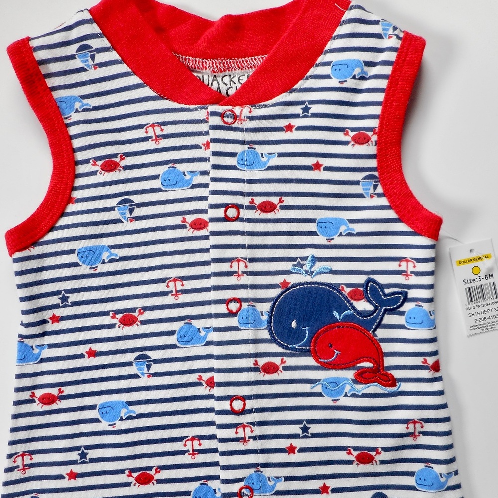 NWT Quacker Jack 3-6 Mo 6-9 Mo Whale Crab Baby Romper Red Stripe Jumper Cute